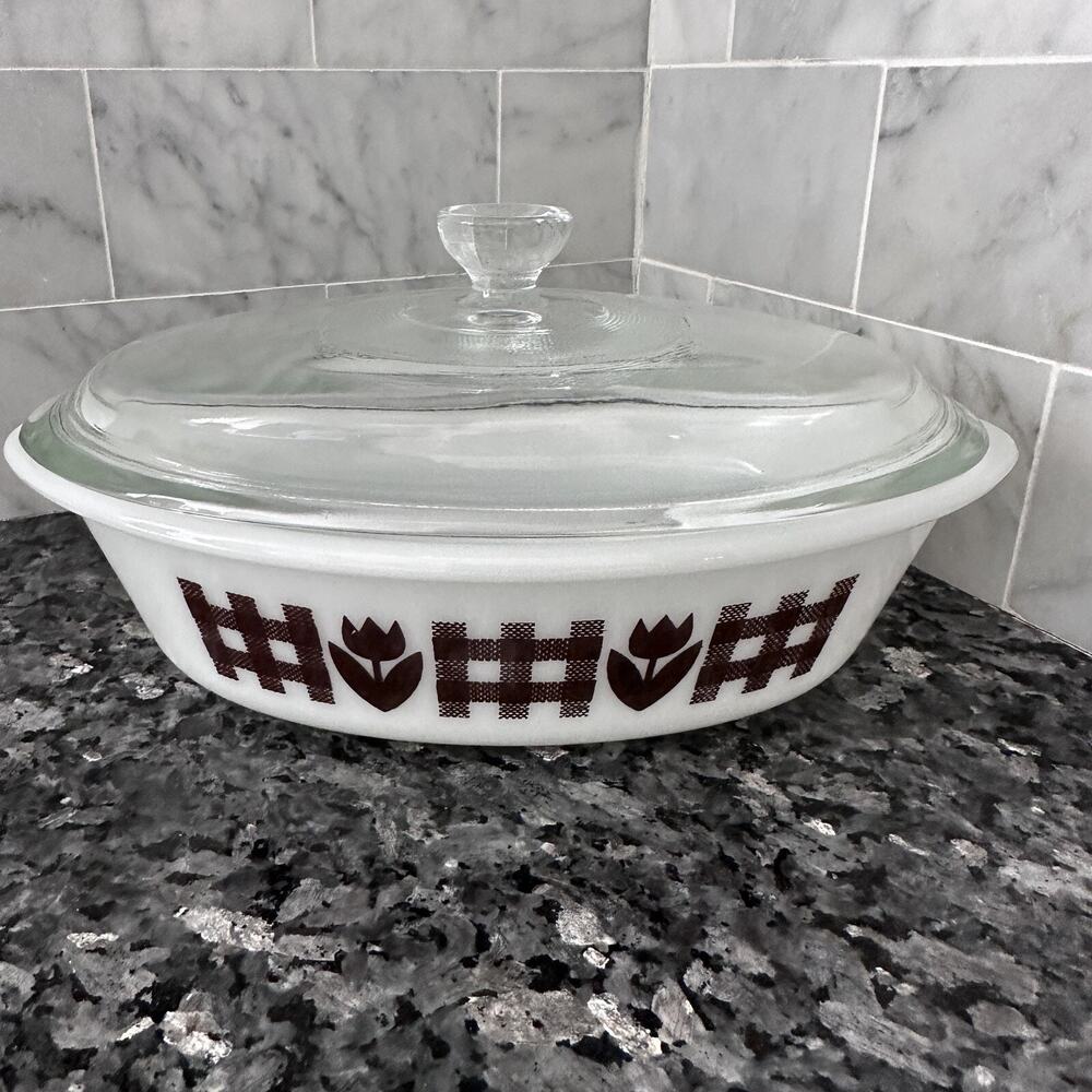 Vintage MCM Jeannette Glasbake Brown Gingham Tulip Oval Covered 1 Qt Casserole